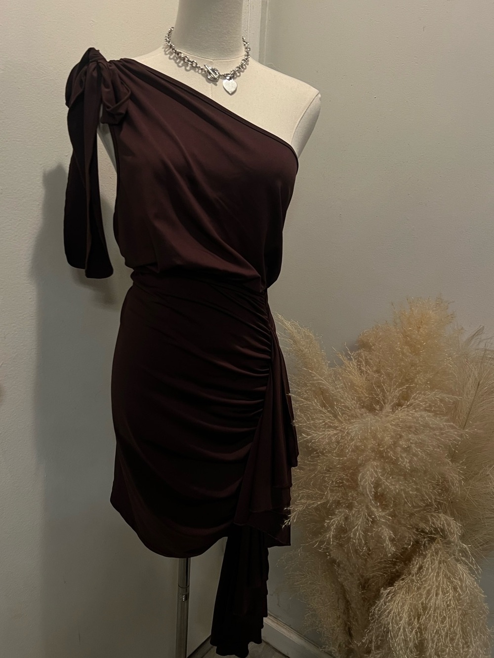 SHEIN One-Shoulder Ruched Mini Dress in Deep Brown